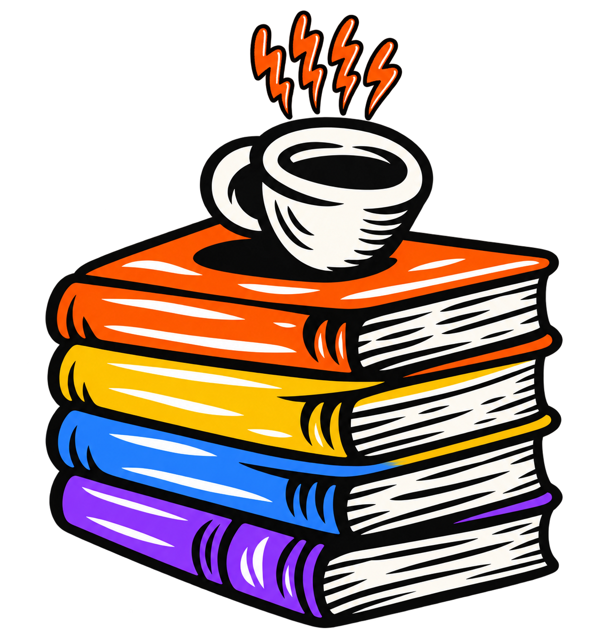 Colourful books with a coffee cup